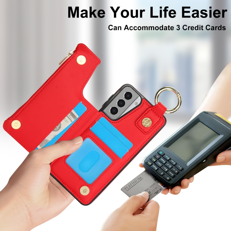 For Samsung Galaxy S21 5G RFlD Anti-theft Double Buckle Ring Zipper Card Phone Case(Red)
