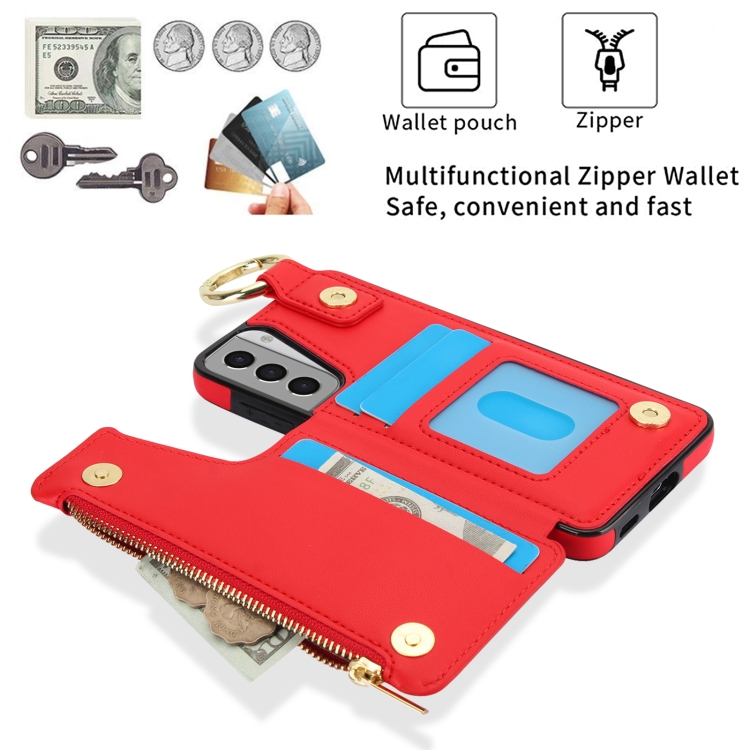 For Samsung Galaxy S21 5G RFlD Anti-theft Double Buckle Ring Zipper Card Phone Case(Red)