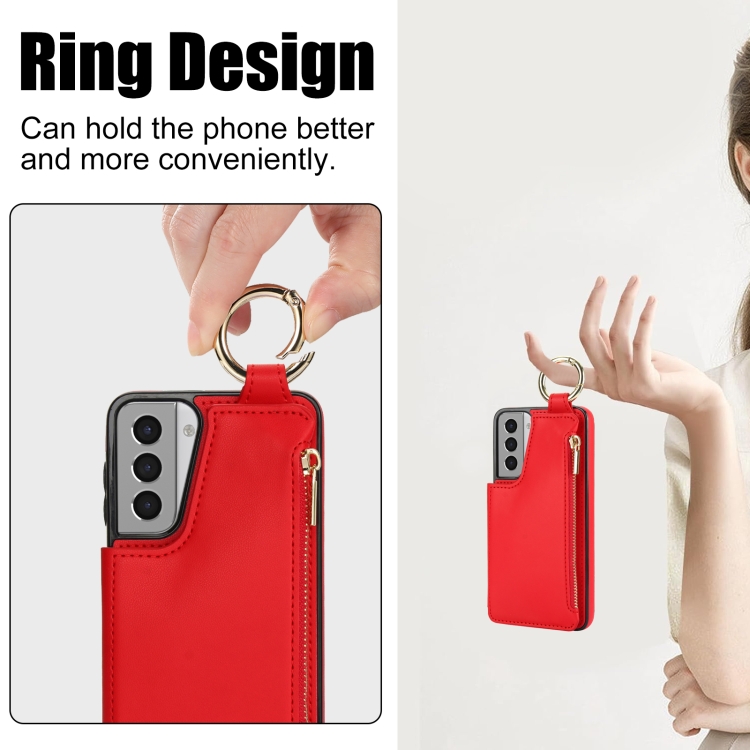 For Samsung Galaxy S21 5G RFlD Anti-theft Double Buckle Ring Zipper Card Phone Case(Red)