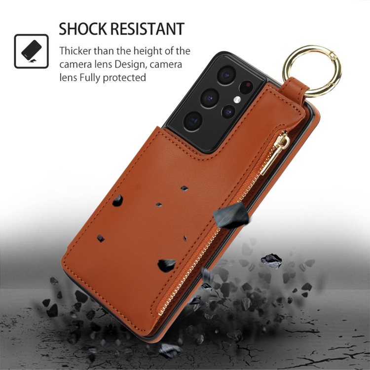 For Samsung Galaxy S21 Ultra 5G RFlD Anti-theft Double Buckle Ring Zipper Card Phone Case(Brown) For Samsung Galaxy S21 Ultra 5G RFlD Anti-theft Double Buckle Ring Zipper Card Phone Case(Brown)