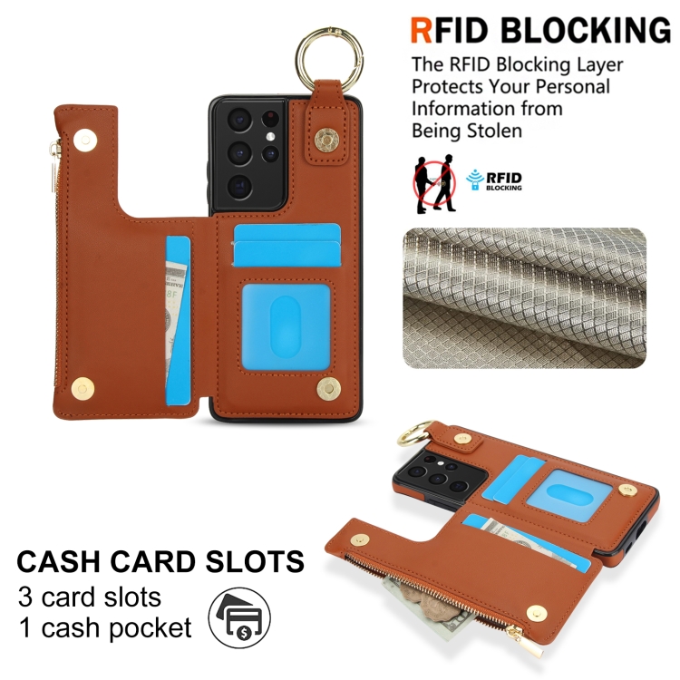 For Samsung Galaxy S21 Ultra 5G RFlD Anti-theft Double Buckle Ring Zipper Card Phone Case(Brown) For Samsung Galaxy S21 Ultra 5G RFlD Anti-theft Double Buckle Ring Zipper Card Phone Case(Brown)