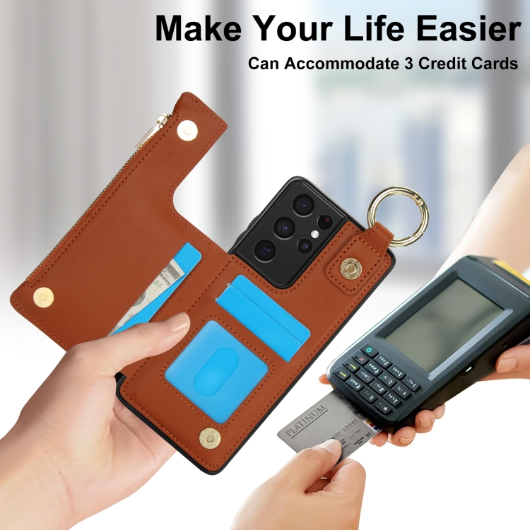 For Samsung Galaxy S21 Ultra 5G RFlD Anti-theft Double Buckle Ring Zipper Card Phone Case(Brown) For Samsung Galaxy S21 Ultra 5G RFlD Anti-theft Double Buckle Ring Zipper Card Phone Case(Brown)
