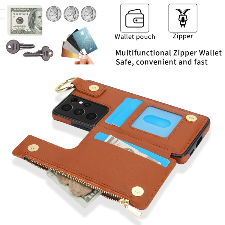 For Samsung Galaxy S21 Ultra 5G RFlD Anti-theft Double Buckle Ring Zipper Card Phone Case(Brown) For Samsung Galaxy S21 Ultra 5G RFlD Anti-theft Double Buckle Ring Zipper Card Phone Case(Brown)