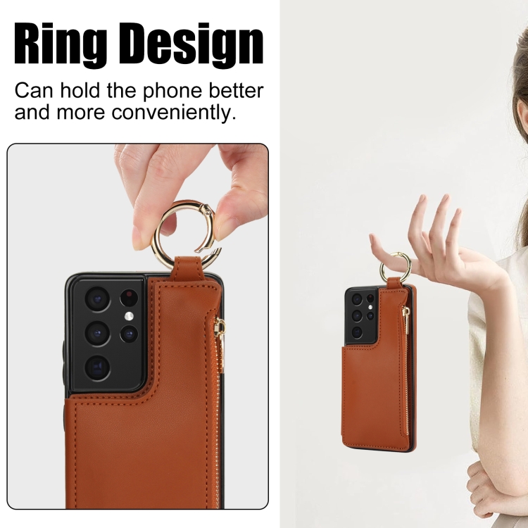 For Samsung Galaxy S21 Ultra 5G RFlD Anti-theft Double Buckle Ring Zipper Card Phone Case(Brown) For Samsung Galaxy S21 Ultra 5G RFlD Anti-theft Double Buckle Ring Zipper Card Phone Case(Brown)