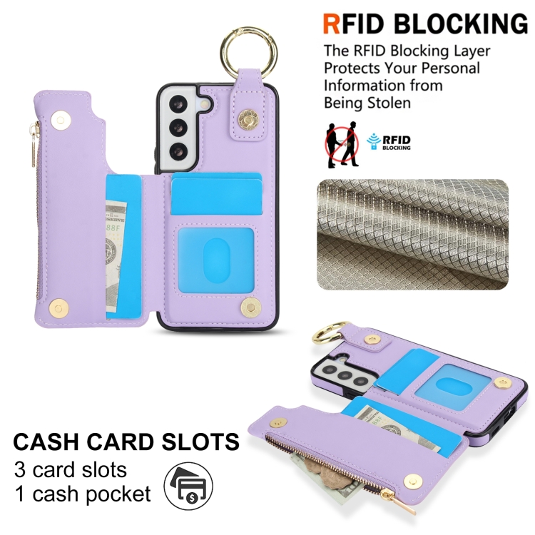 For Samsung Galaxy S22 5G RFlD Anti-theft Double Buckle Ring Zipper Card Phone Case(Purple) For Samsung Galaxy S22 5G RFlD Anti-theft Double Buckle Ring Zipper Card Phone Case(Purple)