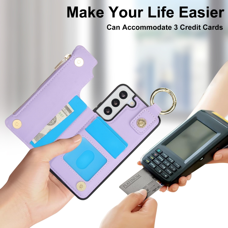 For Samsung Galaxy S22 5G RFlD Anti-theft Double Buckle Ring Zipper Card Phone Case(Purple) For Samsung Galaxy S22 5G RFlD Anti-theft Double Buckle Ring Zipper Card Phone Case(Purple)