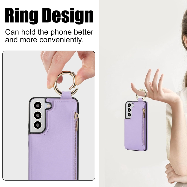 For Samsung Galaxy S22 5G RFlD Anti-theft Double Buckle Ring Zipper Card Phone Case(Purple) For Samsung Galaxy S22 5G RFlD Anti-theft Double Buckle Ring Zipper Card Phone Case(Purple)