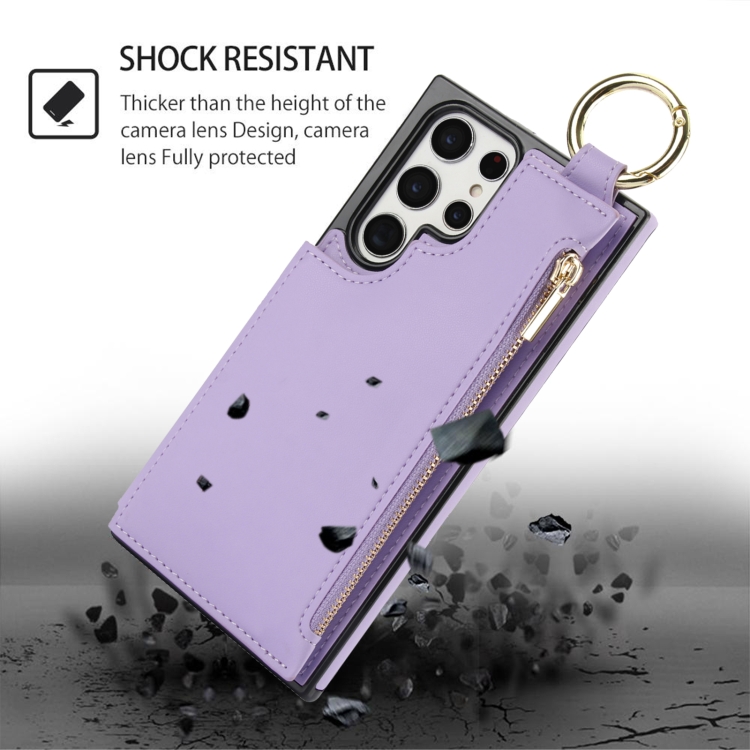 For Samsung Galaxy S22 Ultra 5G RFlD Anti-theft Double Buckle Ring Zipper Card Phone Case(Purple)