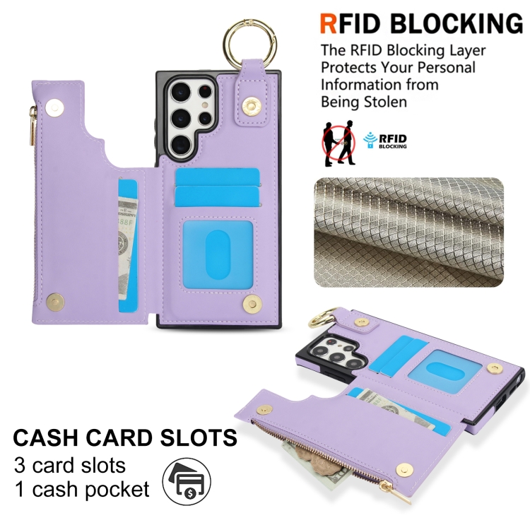For Samsung Galaxy S22 Ultra 5G RFlD Anti-theft Double Buckle Ring Zipper Card Phone Case(Purple)