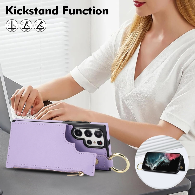 For Samsung Galaxy S22 Ultra 5G RFlD Anti-theft Double Buckle Ring Zipper Card Phone Case(Purple)