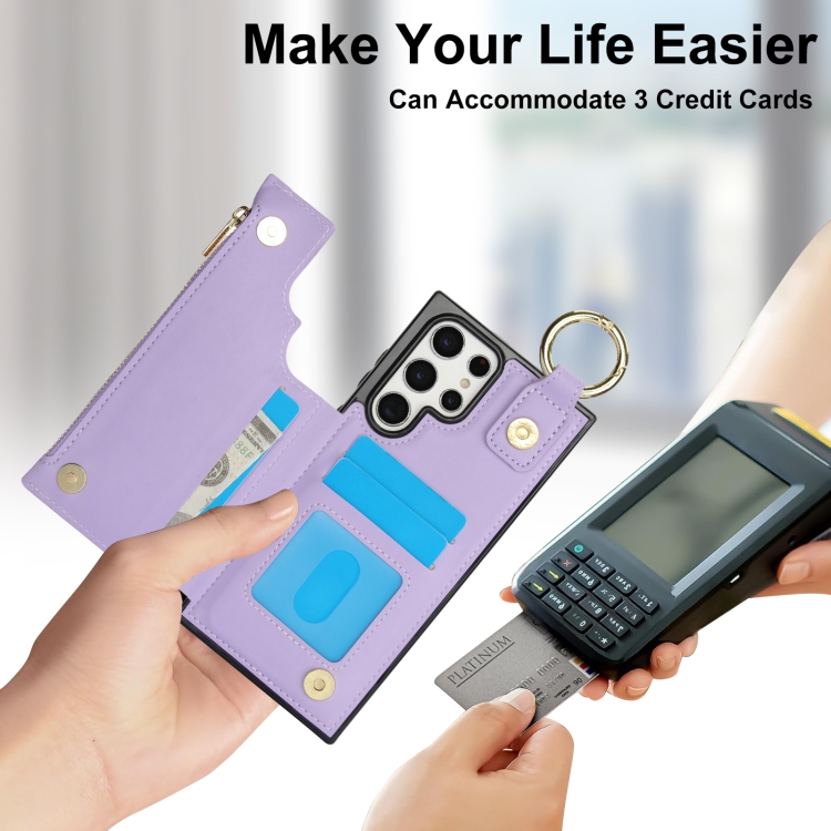 For Samsung Galaxy S22 Ultra 5G RFlD Anti-theft Double Buckle Ring Zipper Card Phone Case(Purple)