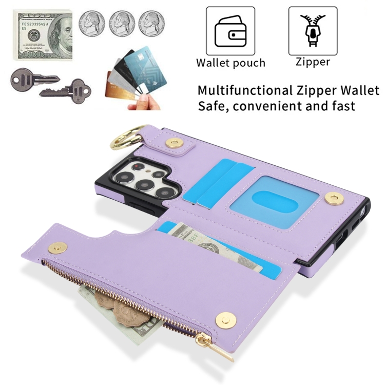 For Samsung Galaxy S22 Ultra 5G RFlD Anti-theft Double Buckle Ring Zipper Card Phone Case(Purple)