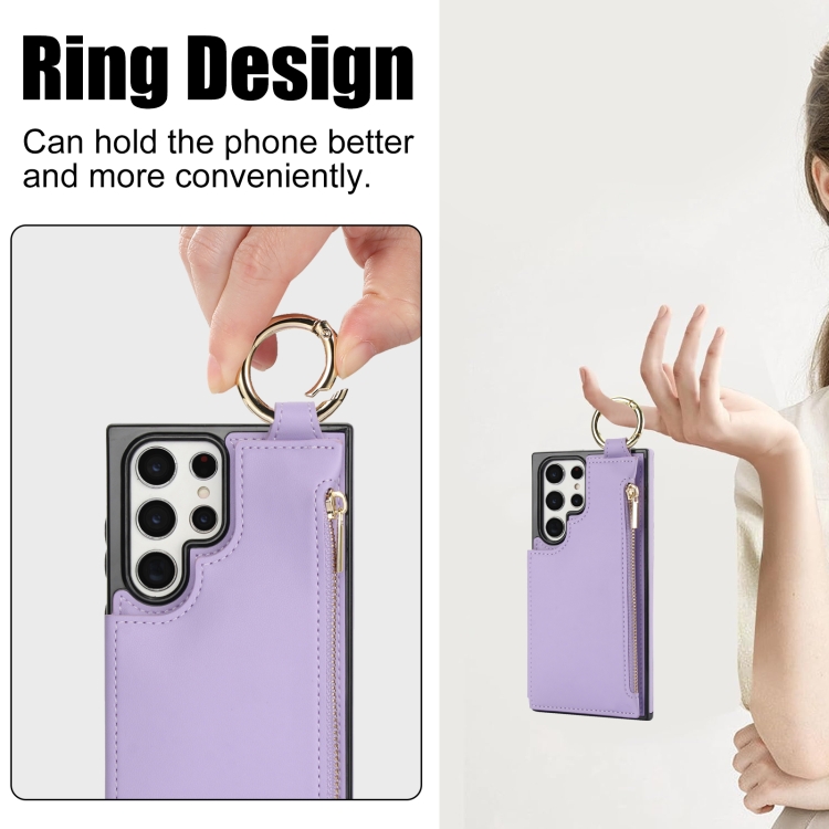 For Samsung Galaxy S22 Ultra 5G RFlD Anti-theft Double Buckle Ring Zipper Card Phone Case(Purple)