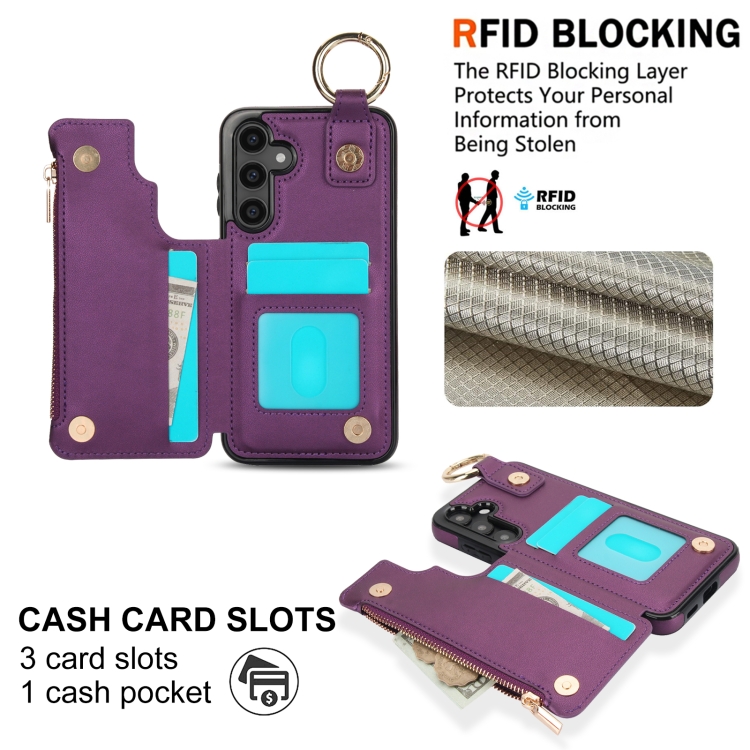 For Samsung Galaxy S23 FE 5G RFlD Anti-theft Double Buckle Ring Zipper Card Phone Case(Dark Purple) For Samsung Galaxy S23 FE 5G RFlD Anti-theft Double Buckle Ring Zipper Card Phone Case(Dark Purple)