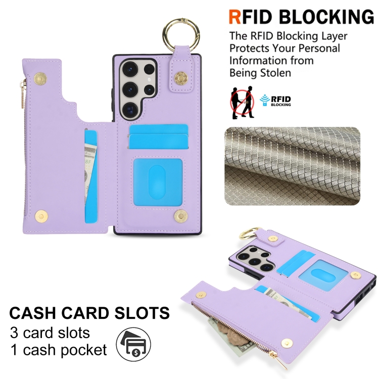 For Samsung Galaxy S23 Ultra 5G RFlD Anti-theft Double Buckle Ring Zipper Card Phone Case(Purple) For Samsung Galaxy S23 Ultra 5G RFlD Anti-theft Double Buckle Ring Zipper Card Phone Case(Purple)