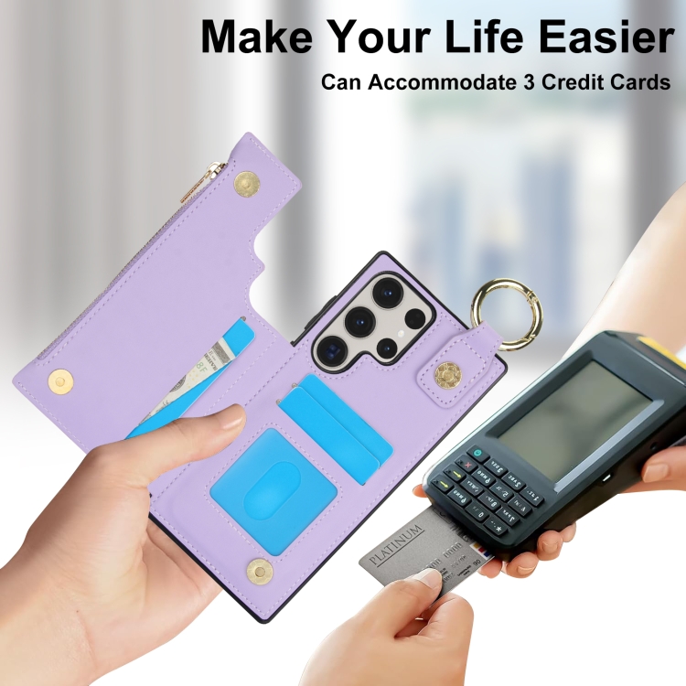 For Samsung Galaxy S23 Ultra 5G RFlD Anti-theft Double Buckle Ring Zipper Card Phone Case(Purple) For Samsung Galaxy S23 Ultra 5G RFlD Anti-theft Double Buckle Ring Zipper Card Phone Case(Purple)