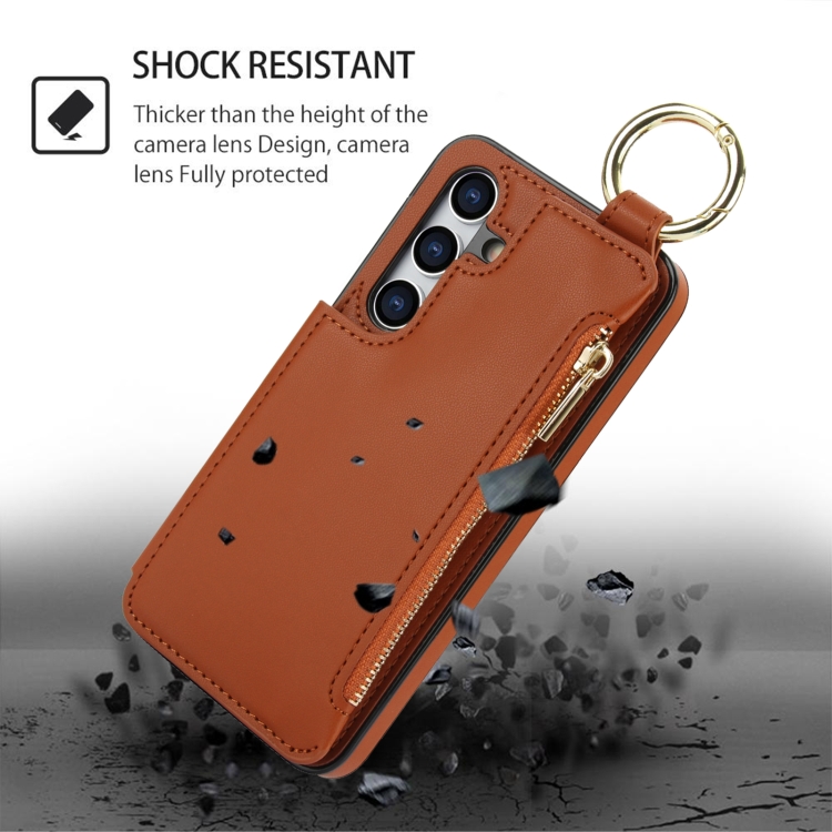 For Samsung Galaxy S24 5G RFlD Anti-theft Double Buckle Ring Zipper Card Phone Case(Brown) For Samsung Galaxy S24 5G RFlD Anti-theft Double Buckle Ring Zipper Card Phone Case(Brown)