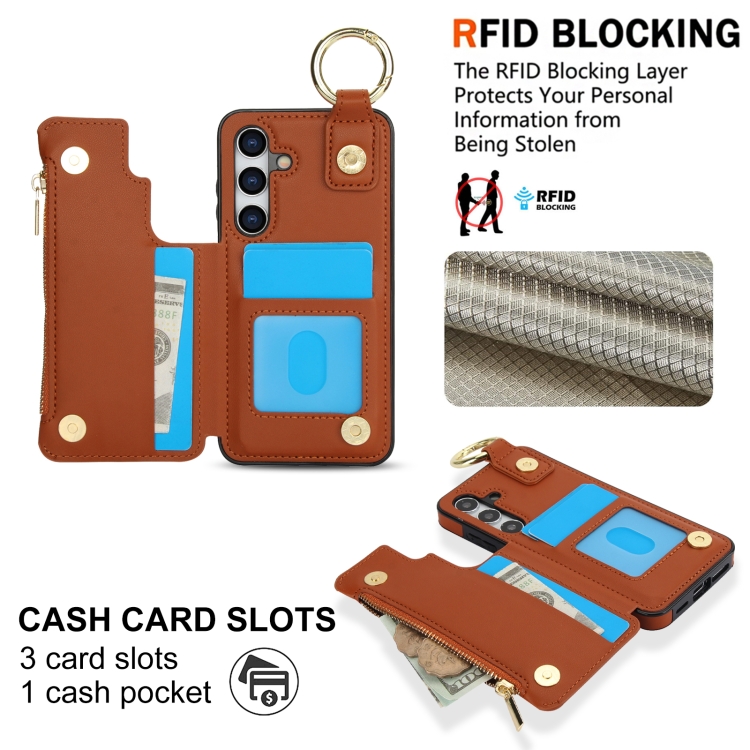 For Samsung Galaxy S24 5G RFlD Anti-theft Double Buckle Ring Zipper Card Phone Case(Brown) For Samsung Galaxy S24 5G RFlD Anti-theft Double Buckle Ring Zipper Card Phone Case(Brown)