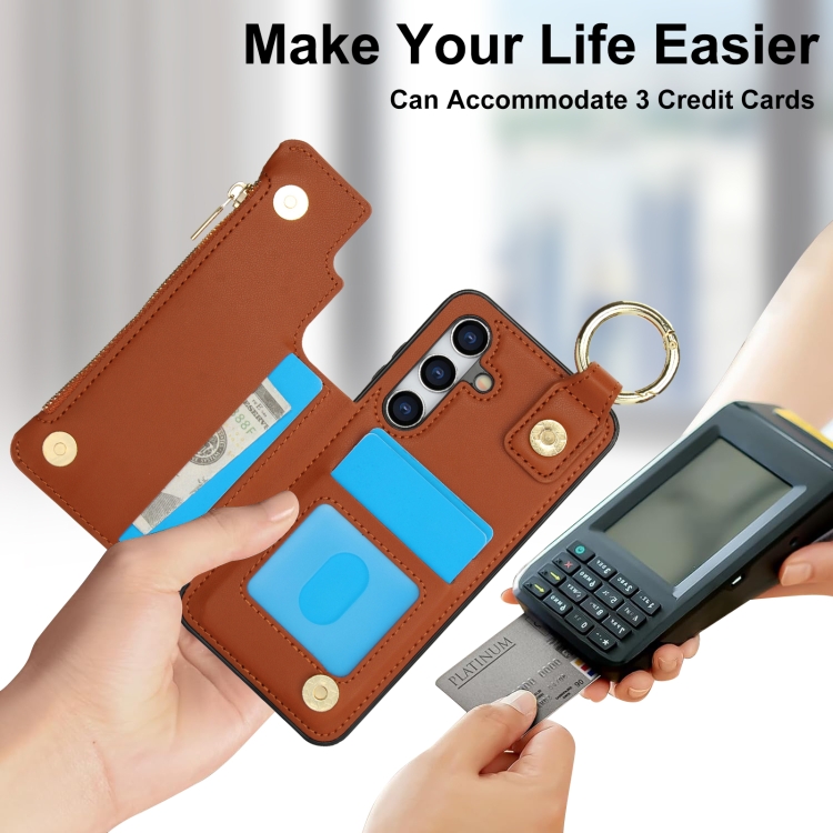 For Samsung Galaxy S24 5G RFlD Anti-theft Double Buckle Ring Zipper Card Phone Case(Brown) For Samsung Galaxy S24 5G RFlD Anti-theft Double Buckle Ring Zipper Card Phone Case(Brown)