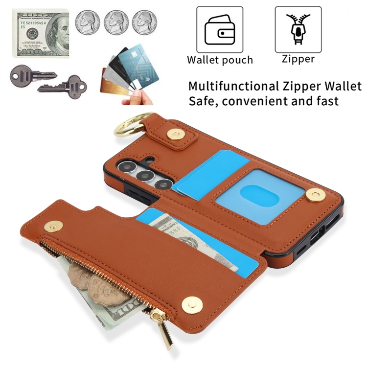 For Samsung Galaxy S24 5G RFlD Anti-theft Double Buckle Ring Zipper Card Phone Case(Brown) For Samsung Galaxy S24 5G RFlD Anti-theft Double Buckle Ring Zipper Card Phone Case(Brown)