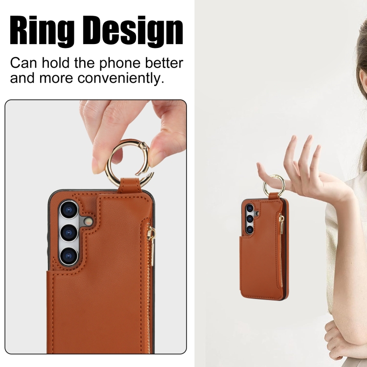 For Samsung Galaxy S24 5G RFlD Anti-theft Double Buckle Ring Zipper Card Phone Case(Brown) For Samsung Galaxy S24 5G RFlD Anti-theft Double Buckle Ring Zipper Card Phone Case(Brown)