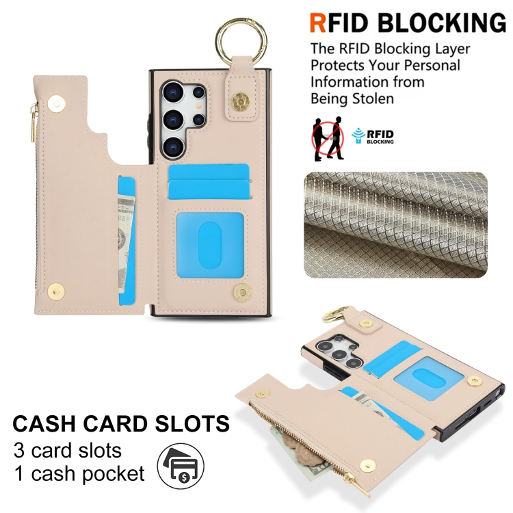 For Samsung Galaxy S24 Ultra 5G RFlD Anti-theft Double Buckle Ring Zipper Card Phone Case(White) For Samsung Galaxy S24 Ultra 5G RFlD Anti-theft Double Buckle Ring Zipper Card Phone Case(White)