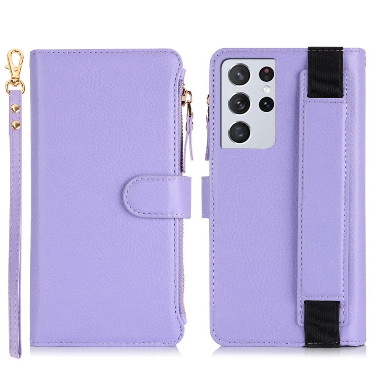 For Samsung Galaxy S21 Ultra 5G Wristband Holder Zipper Purse RFID Leather Phone Case(Purple) For Samsung Galaxy S21 Ultra 5G Wristband Holder Zipper Purse RFID Leather Phone Case(Purple)