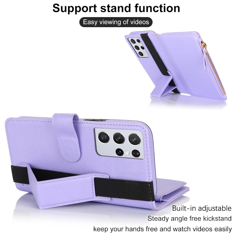 For Samsung Galaxy S21 Ultra 5G Wristband Holder Zipper Purse RFID Leather Phone Case(Purple) For Samsung Galaxy S21 Ultra 5G Wristband Holder Zipper Purse RFID Leather Phone Case(Purple)