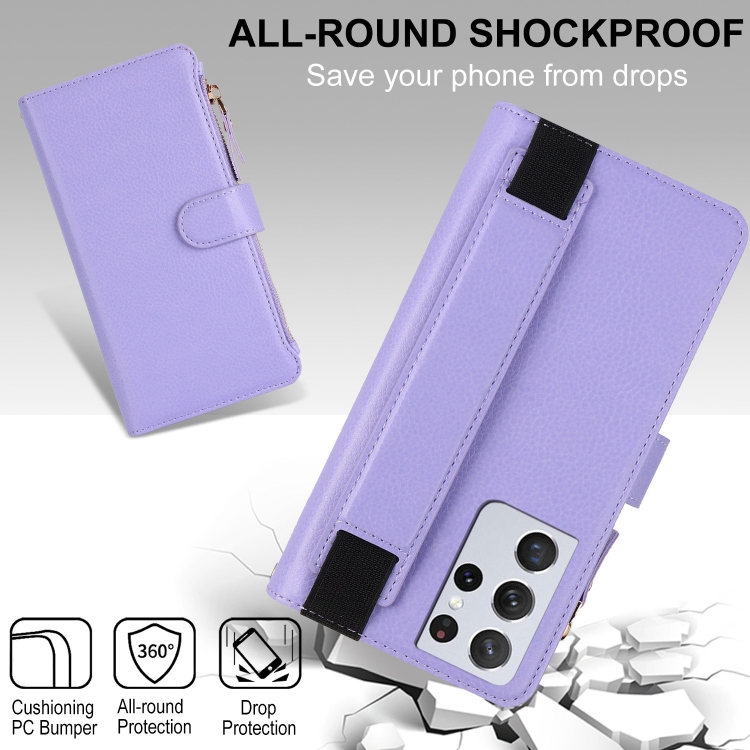 For Samsung Galaxy S21 Ultra 5G Wristband Holder Zipper Purse RFID Leather Phone Case(Purple) For Samsung Galaxy S21 Ultra 5G Wristband Holder Zipper Purse RFID Leather Phone Case(Purple)