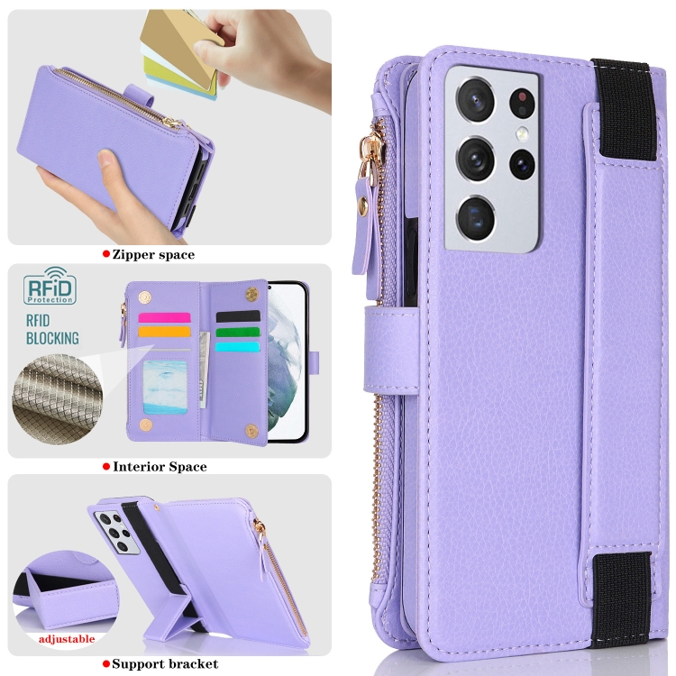 For Samsung Galaxy S21 Ultra 5G Wristband Holder Zipper Purse RFID Leather Phone Case(Purple) For Samsung Galaxy S21 Ultra 5G Wristband Holder Zipper Purse RFID Leather Phone Case(Purple)