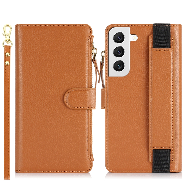 For Samsung Galaxy S22 5G Wristband Holder Zipper Purse RFID Leather Phone Case(Brown) For Samsung Galaxy S22 5G Wristband Holder Zipper Purse RFID Leather Phone Case(Brown)