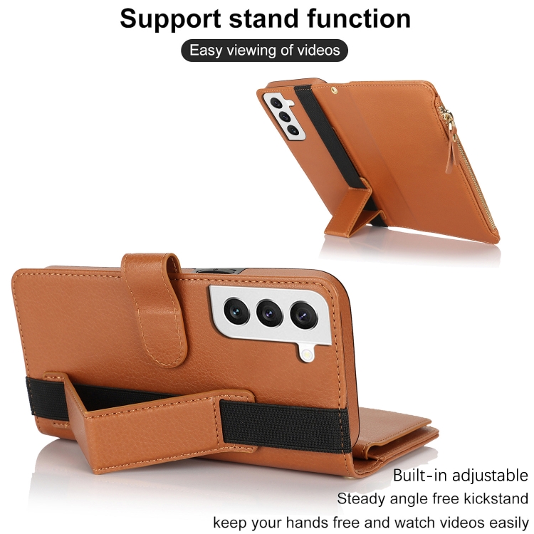 For Samsung Galaxy S22 5G Wristband Holder Zipper Purse RFID Leather Phone Case(Brown) For Samsung Galaxy S22 5G Wristband Holder Zipper Purse RFID Leather Phone Case(Brown)