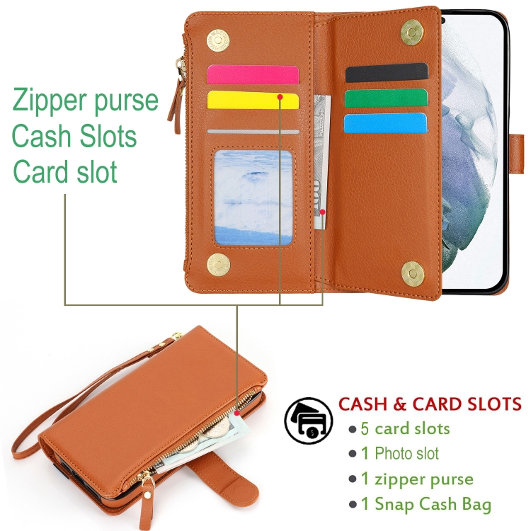 For Samsung Galaxy S22 5G Wristband Holder Zipper Purse RFID Leather Phone Case(Brown) For Samsung Galaxy S22 5G Wristband Holder Zipper Purse RFID Leather Phone Case(Brown)