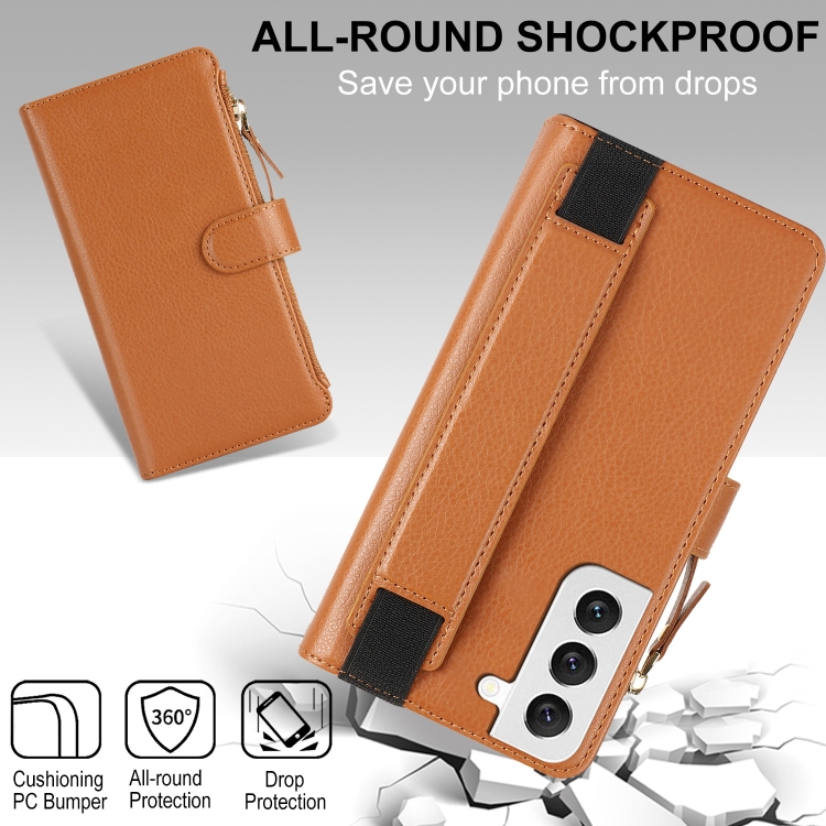 For Samsung Galaxy S22 5G Wristband Holder Zipper Purse RFID Leather Phone Case(Brown) For Samsung Galaxy S22 5G Wristband Holder Zipper Purse RFID Leather Phone Case(Brown)