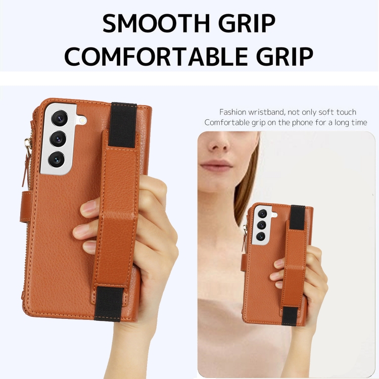 For Samsung Galaxy S22 5G Wristband Holder Zipper Purse RFID Leather Phone Case(Brown) For Samsung Galaxy S22 5G Wristband Holder Zipper Purse RFID Leather Phone Case(Brown)