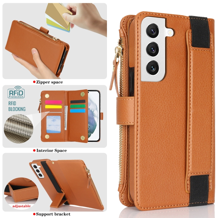 For Samsung Galaxy S22 5G Wristband Holder Zipper Purse RFID Leather Phone Case(Brown) For Samsung Galaxy S22 5G Wristband Holder Zipper Purse RFID Leather Phone Case(Brown)