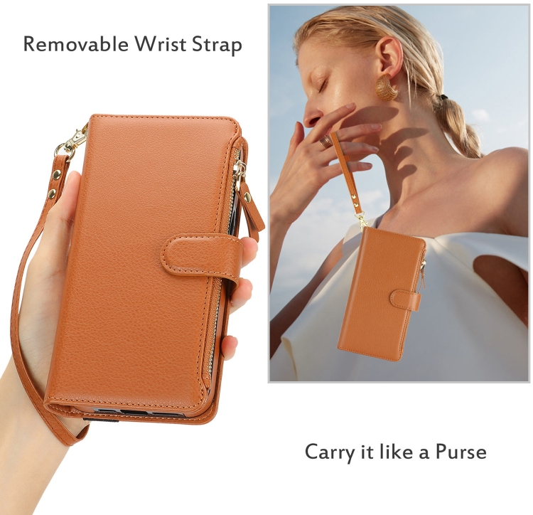 For Samsung Galaxy S22 5G Wristband Holder Zipper Purse RFID Leather Phone Case(Brown) For Samsung Galaxy S22 5G Wristband Holder Zipper Purse RFID Leather Phone Case(Brown)