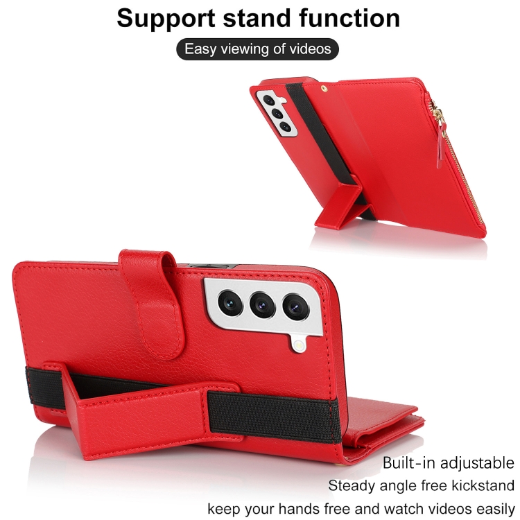 For Samsung Galaxy S22+ 5G Wristband Holder Zipper Purse RFID Leather Phone Case(Red) For Samsung Galaxy S22+ 5G Wristband Holder Zipper Purse RFID Leather Phone Case(Red)