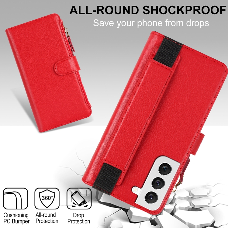 For Samsung Galaxy S22+ 5G Wristband Holder Zipper Purse RFID Leather Phone Case(Red) For Samsung Galaxy S22+ 5G Wristband Holder Zipper Purse RFID Leather Phone Case(Red)