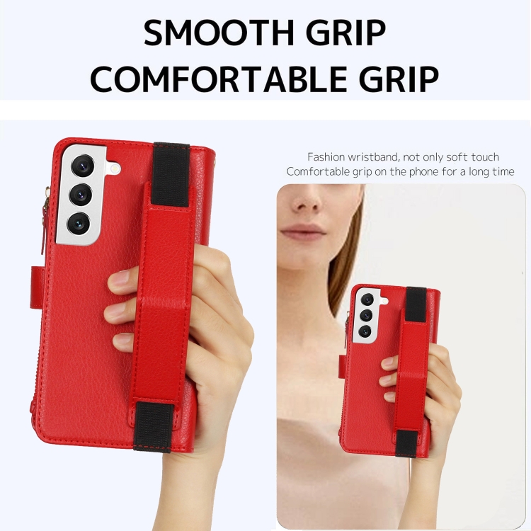 For Samsung Galaxy S22+ 5G Wristband Holder Zipper Purse RFID Leather Phone Case(Red) For Samsung Galaxy S22+ 5G Wristband Holder Zipper Purse RFID Leather Phone Case(Red)
