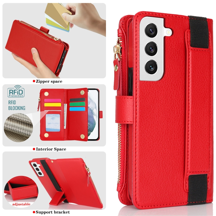 For Samsung Galaxy S22+ 5G Wristband Holder Zipper Purse RFID Leather Phone Case(Red) For Samsung Galaxy S22+ 5G Wristband Holder Zipper Purse RFID Leather Phone Case(Red)