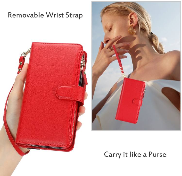 For Samsung Galaxy S22+ 5G Wristband Holder Zipper Purse RFID Leather Phone Case(Red) For Samsung Galaxy S22+ 5G Wristband Holder Zipper Purse RFID Leather Phone Case(Red)