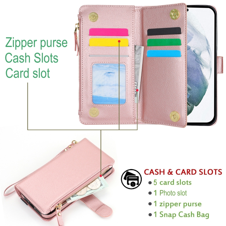 For Samsung Galaxy S23+ 5G Wristband Holder Zipper Purse RFID Leather Phone Case(Rose Gold) For Samsung Galaxy S23+ 5G Wristband Holder Zipper Purse RFID Leather Phone Case(Rose Gold)