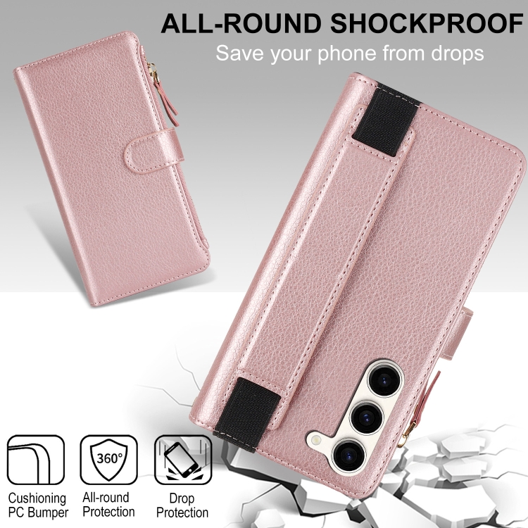 For Samsung Galaxy S23+ 5G Wristband Holder Zipper Purse RFID Leather Phone Case(Rose Gold) For Samsung Galaxy S23+ 5G Wristband Holder Zipper Purse RFID Leather Phone Case(Rose Gold)