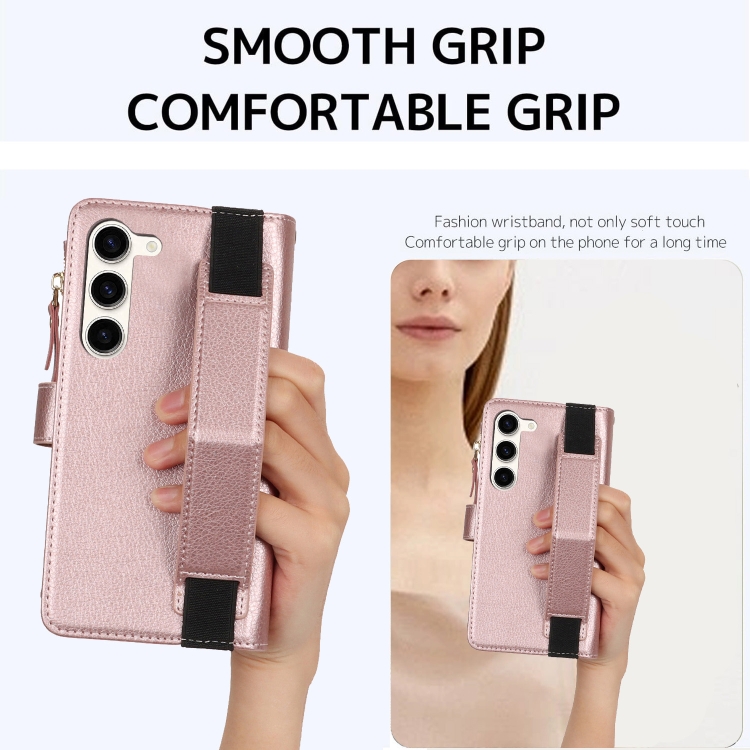 For Samsung Galaxy S23+ 5G Wristband Holder Zipper Purse RFID Leather Phone Case(Rose Gold) For Samsung Galaxy S23+ 5G Wristband Holder Zipper Purse RFID Leather Phone Case(Rose Gold)