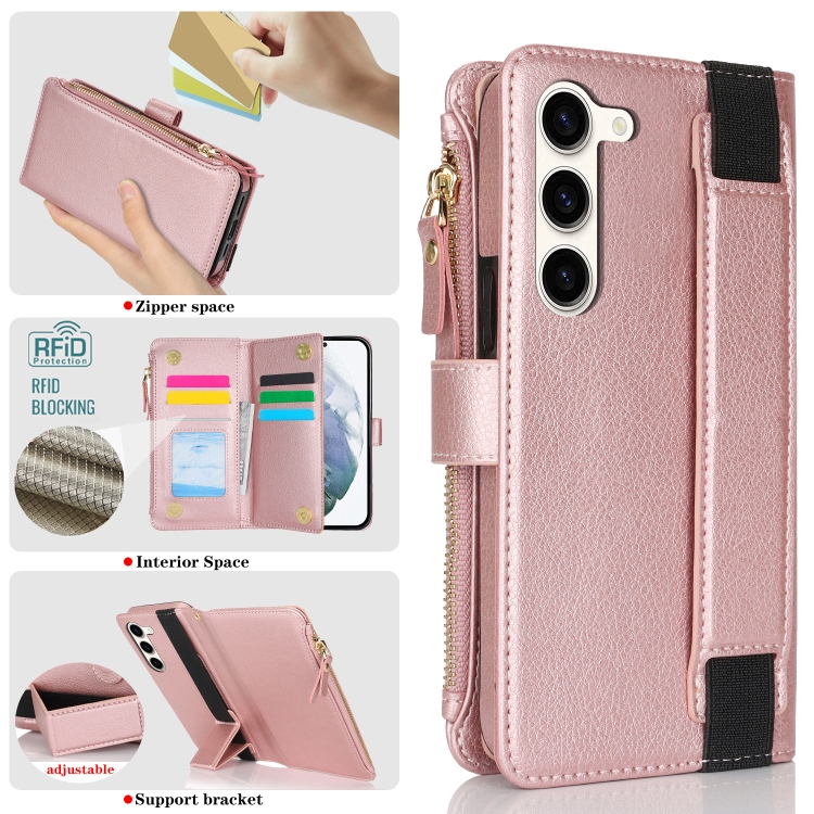 For Samsung Galaxy S23+ 5G Wristband Holder Zipper Purse RFID Leather Phone Case(Rose Gold) For Samsung Galaxy S23+ 5G Wristband Holder Zipper Purse RFID Leather Phone Case(Rose Gold)