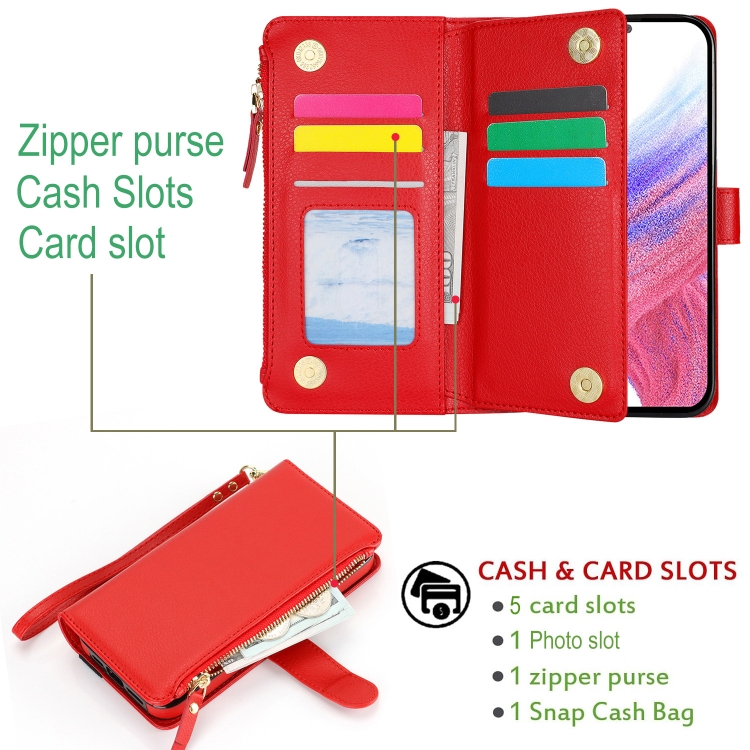 For Samsung Galaxy S24+ 5G Wristband Holder Zipper Purse RFID Leather Phone Case(Red) For Samsung Galaxy S24+ 5G Wristband Holder Zipper Purse RFID Leather Phone Case(Red)