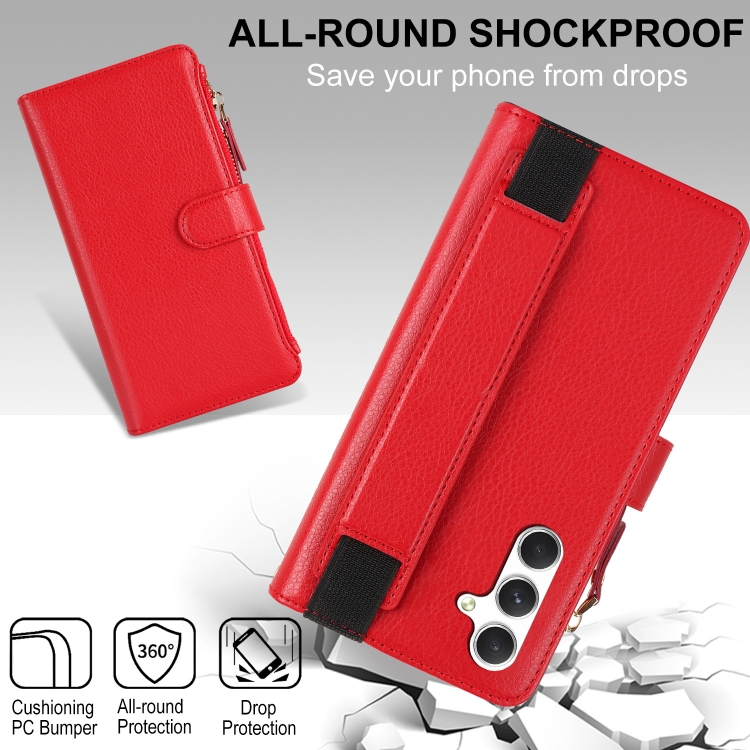 For Samsung Galaxy S24+ 5G Wristband Holder Zipper Purse RFID Leather Phone Case(Red) For Samsung Galaxy S24+ 5G Wristband Holder Zipper Purse RFID Leather Phone Case(Red)