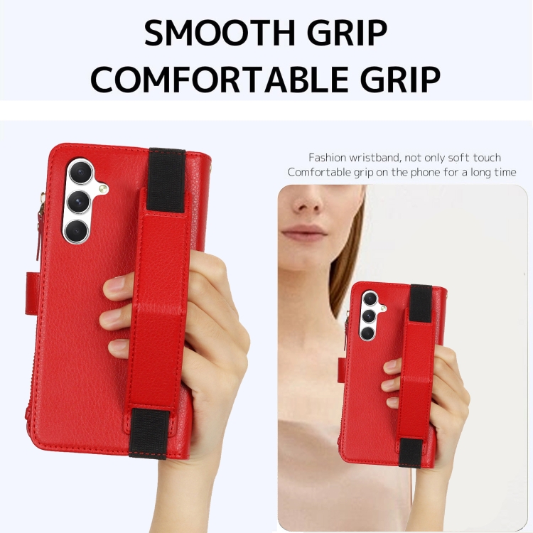 For Samsung Galaxy S24+ 5G Wristband Holder Zipper Purse RFID Leather Phone Case(Red) For Samsung Galaxy S24+ 5G Wristband Holder Zipper Purse RFID Leather Phone Case(Red)