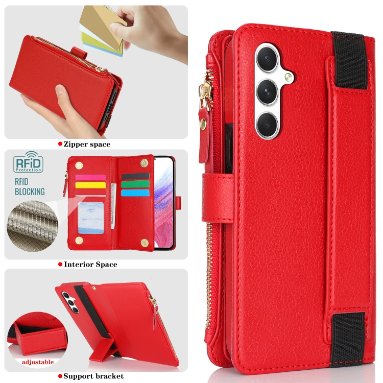 For Samsung Galaxy S24+ 5G Wristband Holder Zipper Purse RFID Leather Phone Case(Red) For Samsung Galaxy S24+ 5G Wristband Holder Zipper Purse RFID Leather Phone Case(Red)